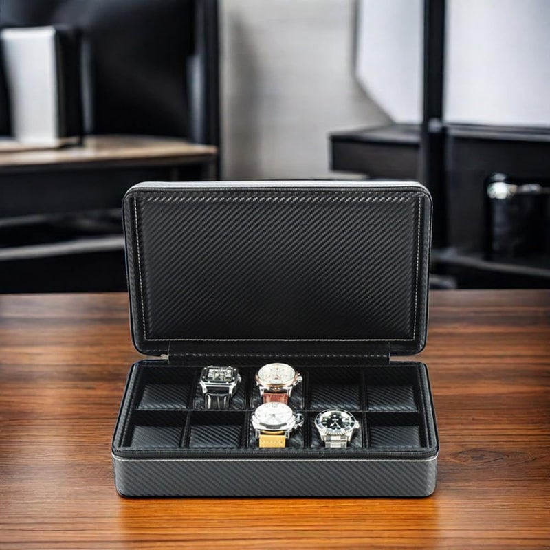 TIMELYBUYS 10 Watch Briefcase Black Carbon Fiber Zippered Travel Storage Case 50MM Father's Day - Image 5